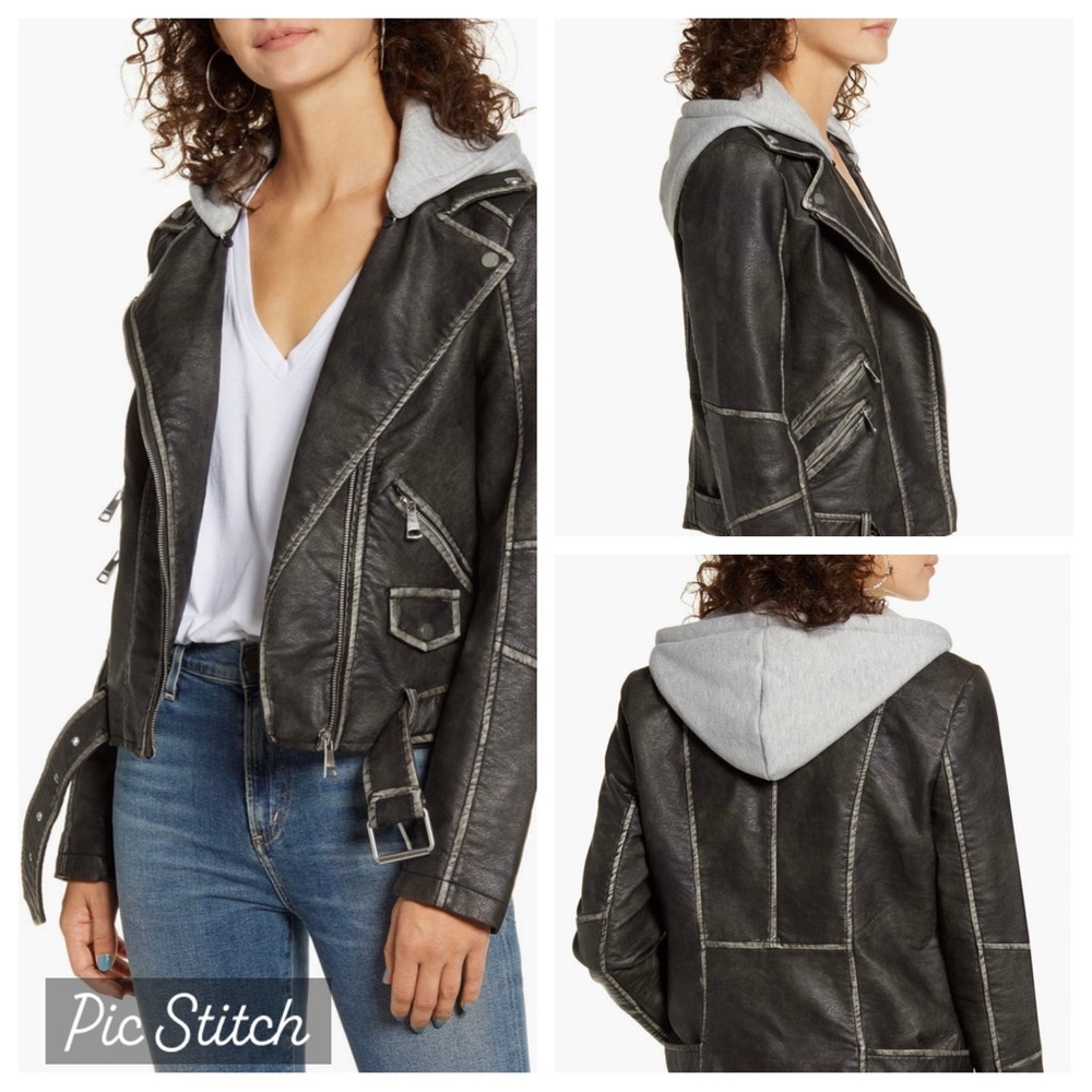 Vigoss | Black Faux Leather Moto Jacket w/Removable Hood Women Size Small